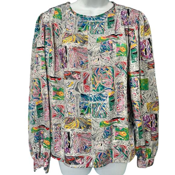 Vintage 80s Gray Rainbow Blue Pink Swirl Satin Scoop Neck Blouse size 10 / M - Picture 1 of 11